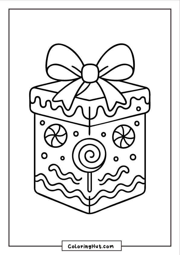 Cute candy-themed gift box decorated with a big ribbon, lollipops, and sweet patterns.