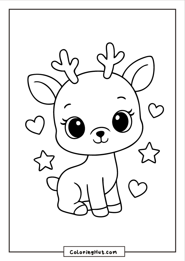 Calm reindeer standing in a snowy forest with tall pine trees and falling snowflakes.