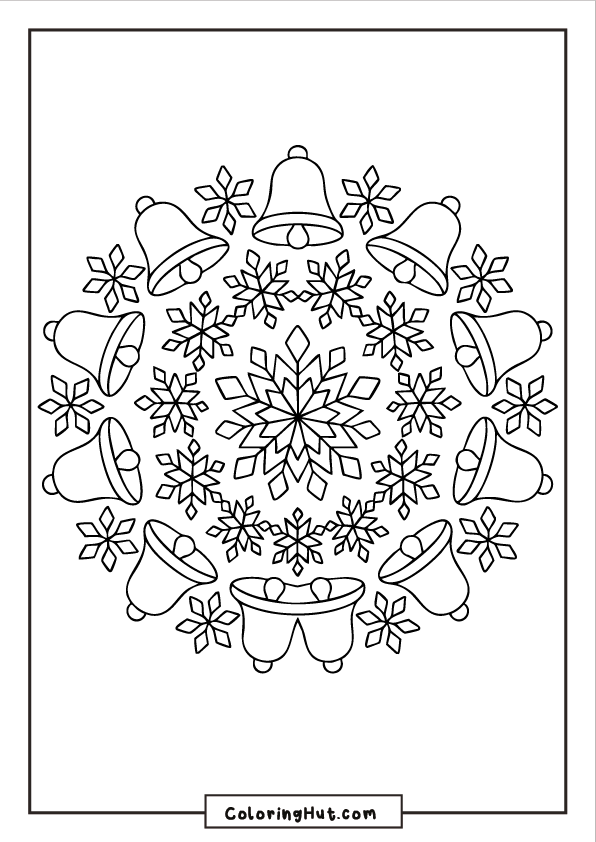 Circular mandala design made of jingle bells and snowflakes arranged in a detailed symmetrical pattern.