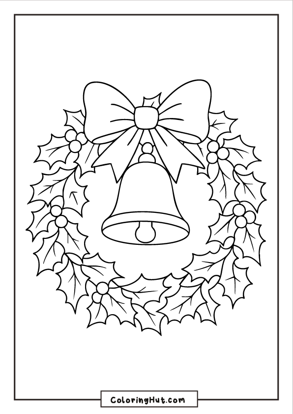 A Christmas bell with a bow centered inside a holly wreath filled with leaves and clustered berries.