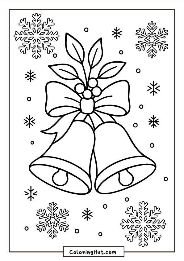 Pair of Christmas bells decorated with holly leaves and berries framed by falling snowflakes and winter dots.