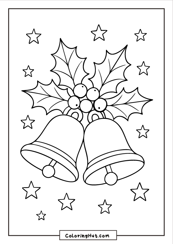 Two Christmas bells decorated with holly leaves and berries surrounded by scattered stars.