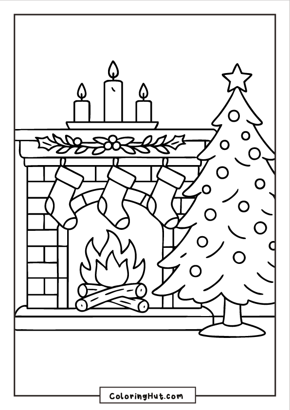 Christmas fireplace with hanging stockings, glowing fire, and a decorated Christmas tree beside it.