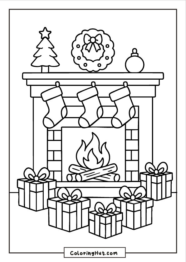 Christmas fireplace with stockings and a burning fire surrounded by wrapped gifts and holiday decorations.