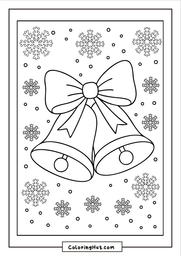 A pair of ribbon-tied jingle bells framed by falling snowflakes and dotted winter elements.