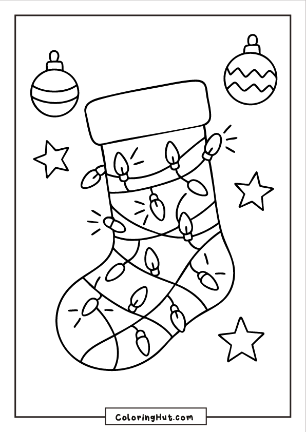 Christmas stocking wrapped in glowing holiday lights with ornaments and stars around it.