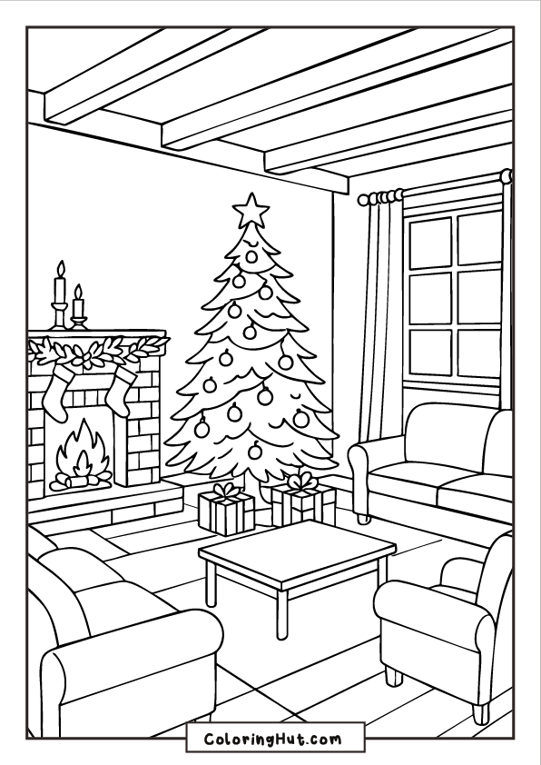 Warm Christmas living room featuring a decorated tree, glowing fireplace with stockings, and comfy sofas around a table.