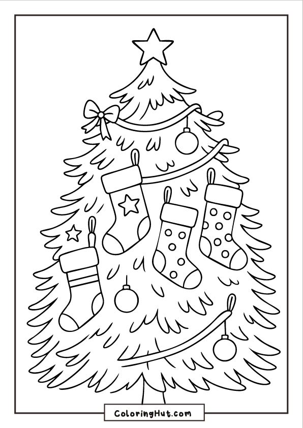 Decorated Christmas tree with hanging stockings, ornaments, and festive garlands.