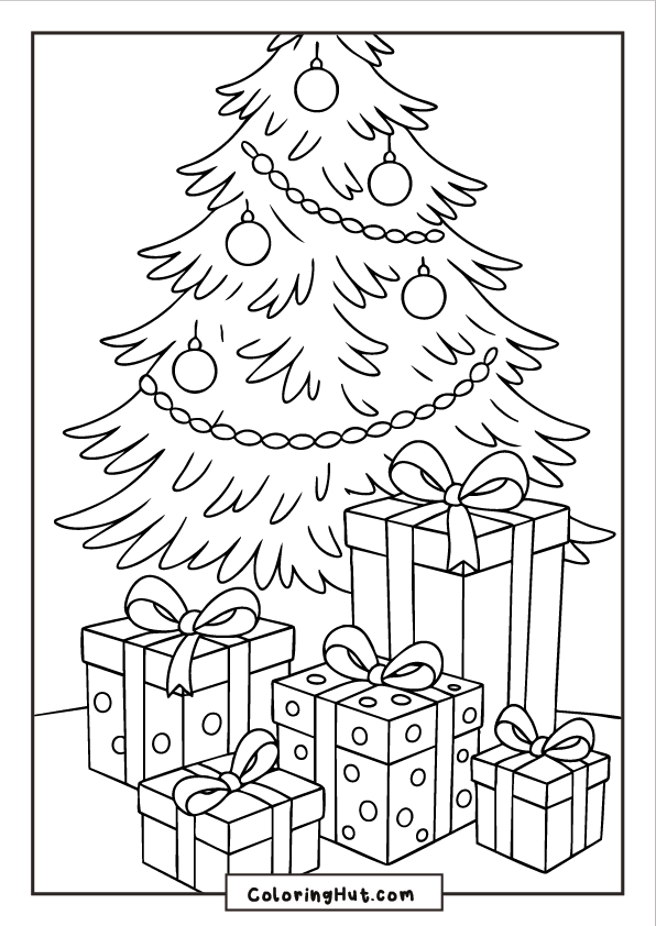 Decorated Christmas tree with ornaments and garlands, surrounded by multiple wrapped gifts.