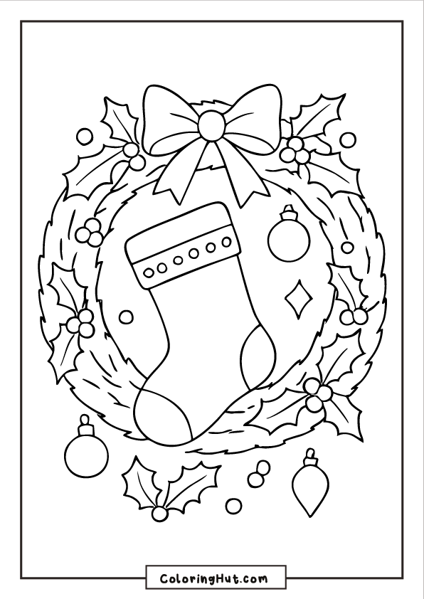 Large Christmas wreath with holly leaves, berries, and a stocking in the center surrounded by ornaments.