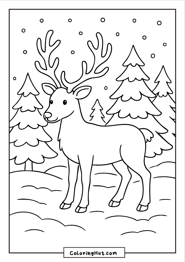 Calm reindeer standing in a snowy forest with tall pine trees and falling snowflakes.
