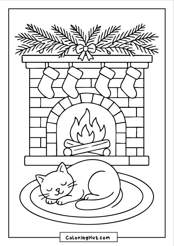 Sleeping cat curled on a rug in front of a warm Christmas fireplace decorated with stockings and pine garland.