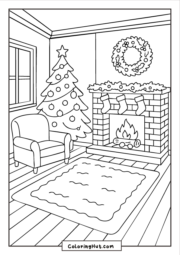 Warm living room scene with a decorated Christmas tree, fireplace with stockings, armchair, and rug.