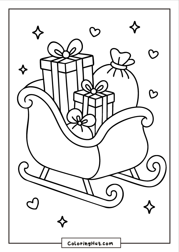 Sleigh filled with stacked Christmas presents and a gift bag, decorated with hearts and stars.