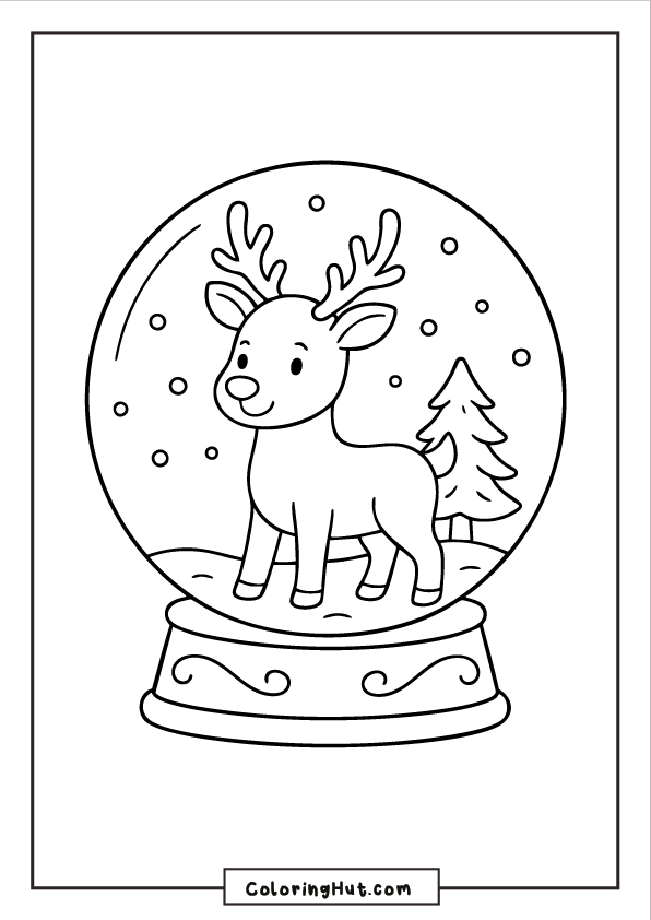 Small reindeer inside a snow globe with falling snow and a pine tree behind it.
