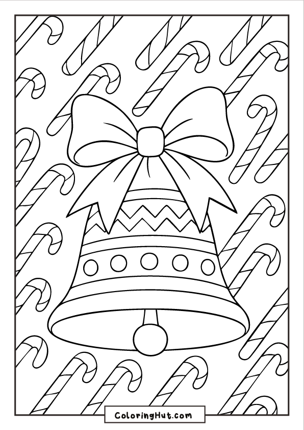 A detailed Christmas bell with ribbon bow set against a repeating candy cane background.