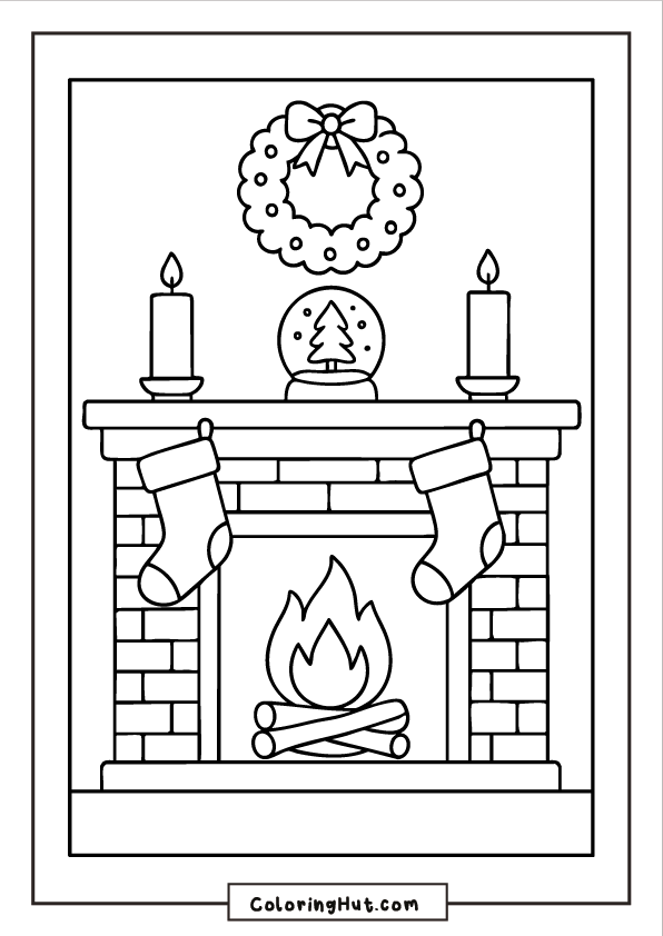 Christmas fireplace with stockings, candles, a wreath, and a snow globe displayed on the mantel.