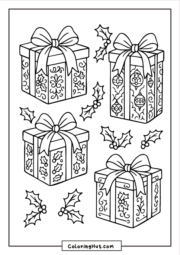 Detailed Christmas gift boxes with ribbon bows and holly leaves featuring festive decorative patterns.