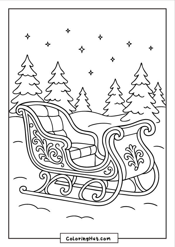 Ornate Christmas sleigh with swirling decorative patterns set in a snowy forest with stars in the sky.
