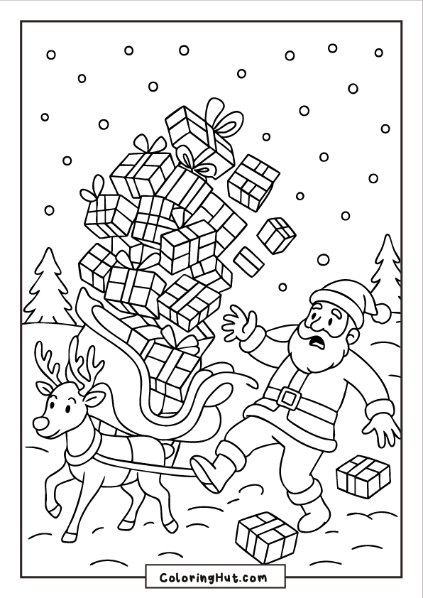 Santa stumbling as a towering stack of presents falls from the sleigh while a reindeer pulls forward in a snowy forest scene.