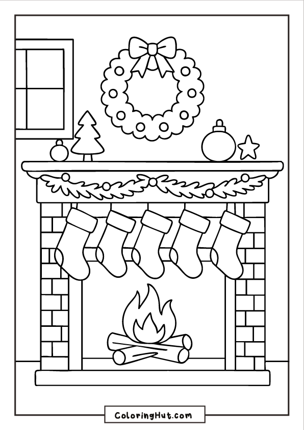 Festive fireplace scene with multiple stockings hanging above a crackling fire and a wreath on the wall.