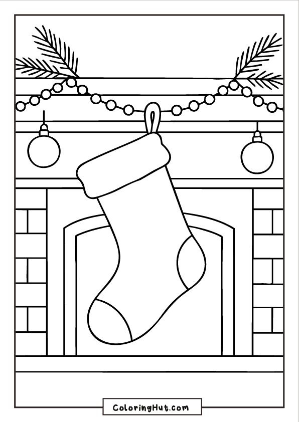 Large Christmas stocking hanging above a fireplace decorated with ornaments and garland.