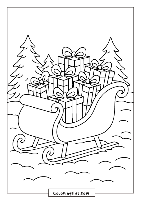 Christmas sleigh overflowing with wrapped presents set in a snowy forest with tall pine trees.