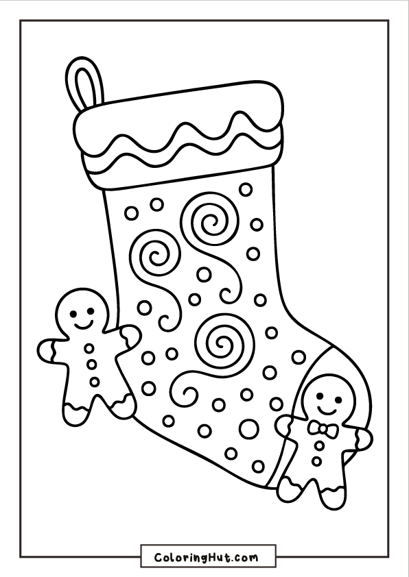 Christmas stocking with swirled patterns and two smiling gingerbread characters beside it.