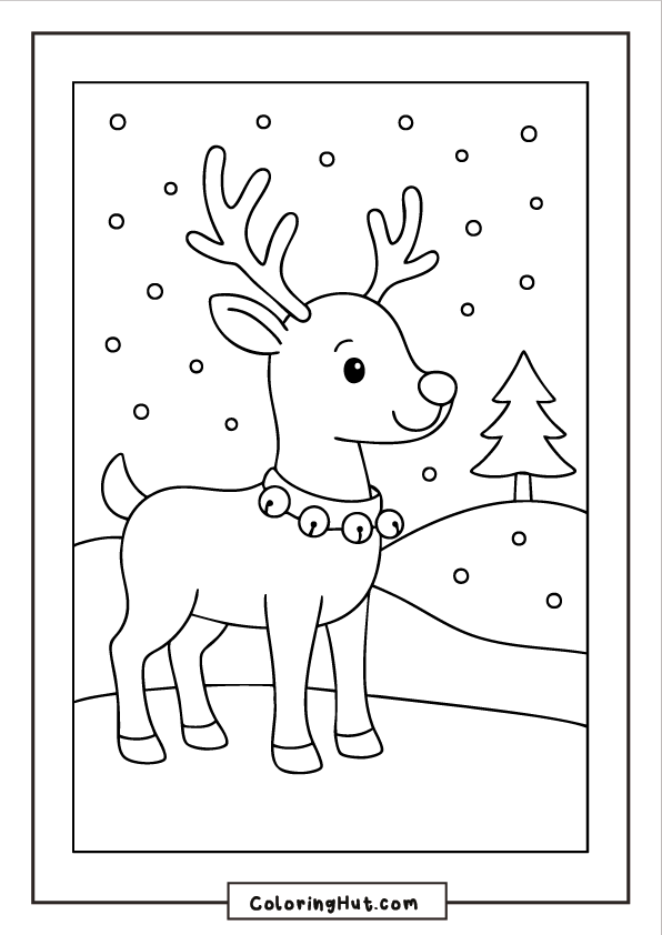 Smiling reindeer standing in a snowy forest scene with gentle snowfall.