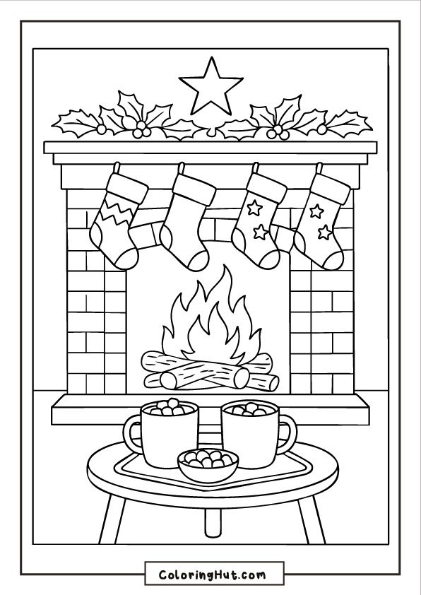 Festive fireplace with hanging stockings, holly garland, and two cups of hot cocoa on a small table.