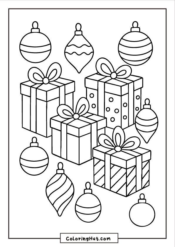Christmas presents with ribbon bows arranged beside hanging ornaments in various shapes.