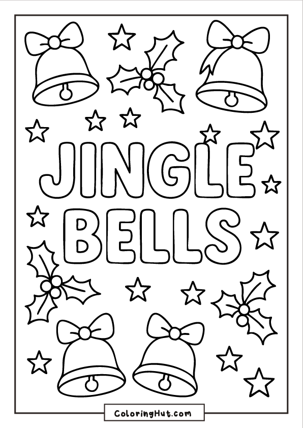 The phrase “Jingle Bells” surrounded by holly leaves, stars, and small jingle bells with ribbon bows.
