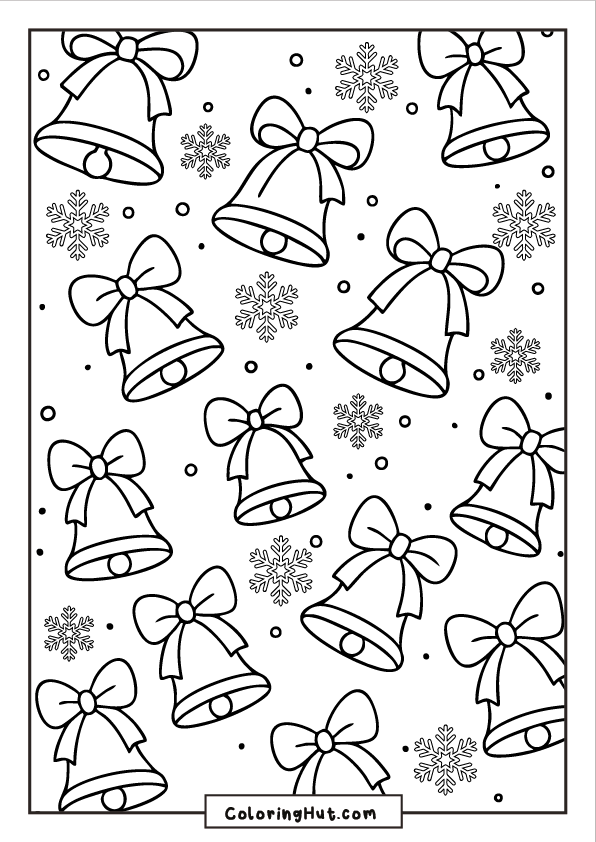 Repeating pattern of ribbon-tied jingle bells with scattered snowflakes and small winter dots.