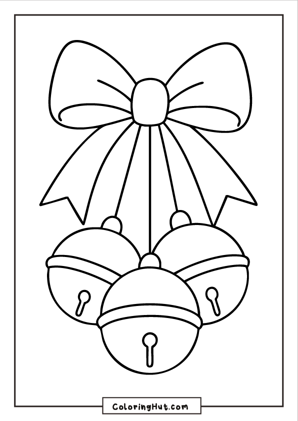 Three hanging Christmas bells tied together with a large ribbon bow, outlined with simple decorative framing.