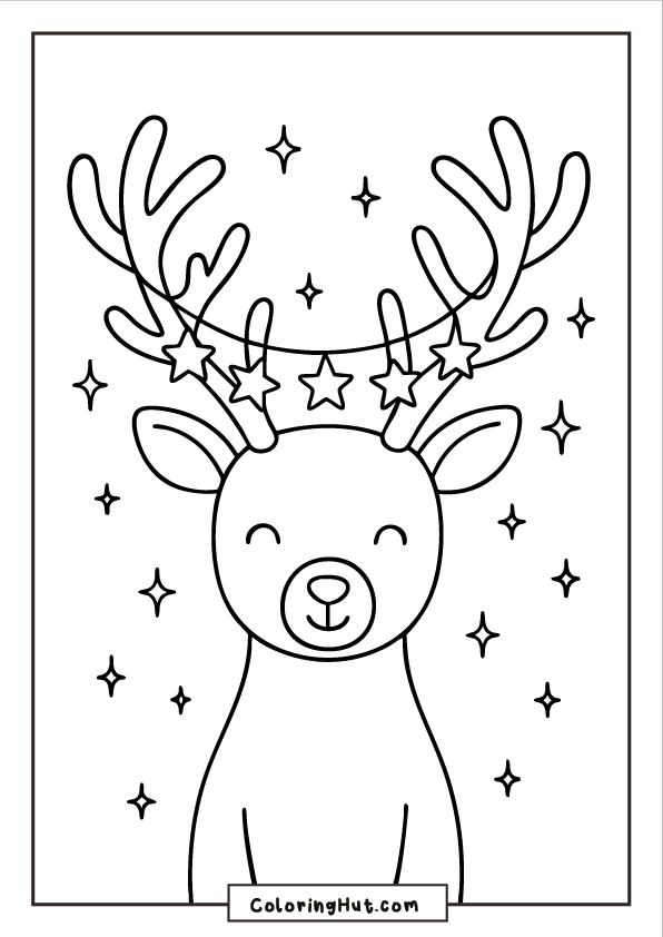 Smiling kawaii reindeer with a star garland across its antlers surrounded by small stars.
