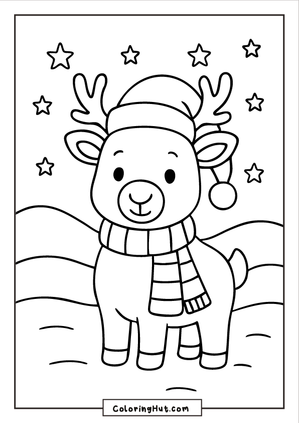 Cute reindeer wearing a Santa hat and scarf standing on snowy hills with stars in the sky.