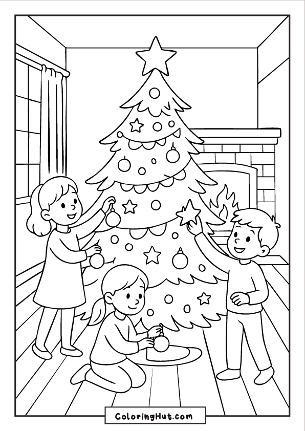 Three children joyfully decorating a Christmas tree beside a glowing fireplace in a cozy room.