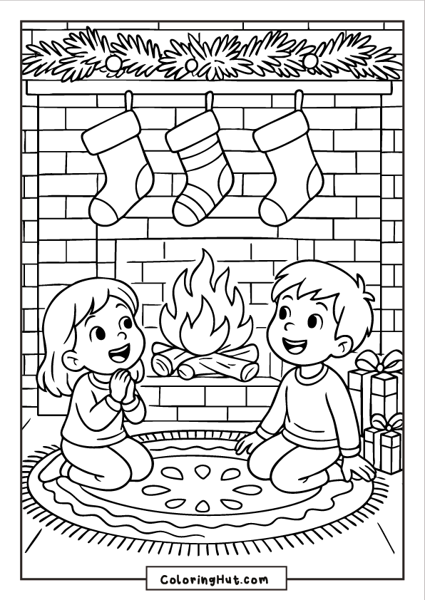 Two children sitting on a rug in front of a glowing Christmas fireplace with stockings, garland, and wrapped gifts.