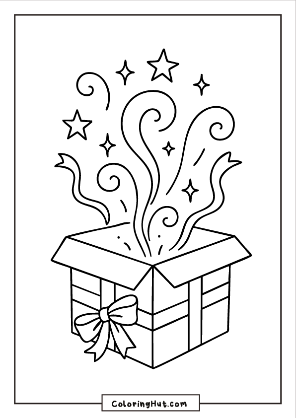 Christmas gift box with ribbon bow bursting with swirling magical shapes and stars.