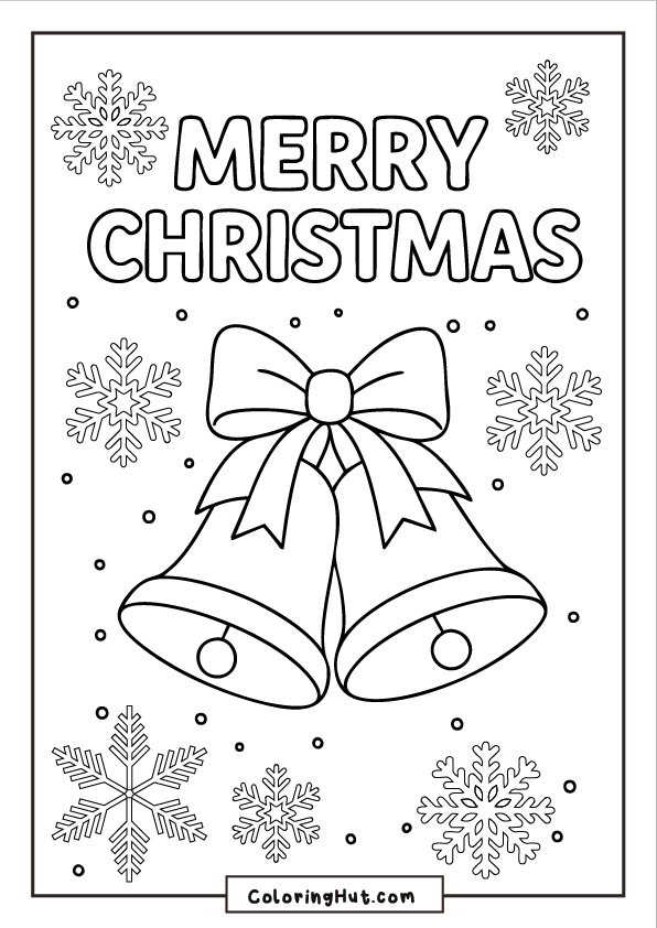 Large “Merry Christmas” lettering above two ribbon-tied bells surrounded by snowflakes.