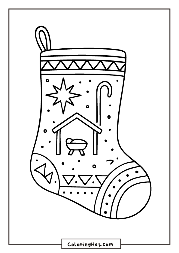 Christmas stocking illustrated with nativity symbols including a manger, star, and candy cane.
