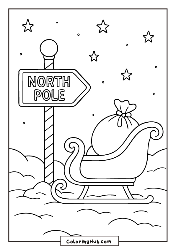 Sleigh parked beside a North Pole sign in a snowy landscape with stars in the sky and a gift bag inside the sleigh.