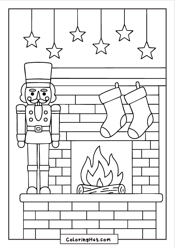 Nutcracker figure standing beside a Christmas fireplace with stockings and hanging stars above.