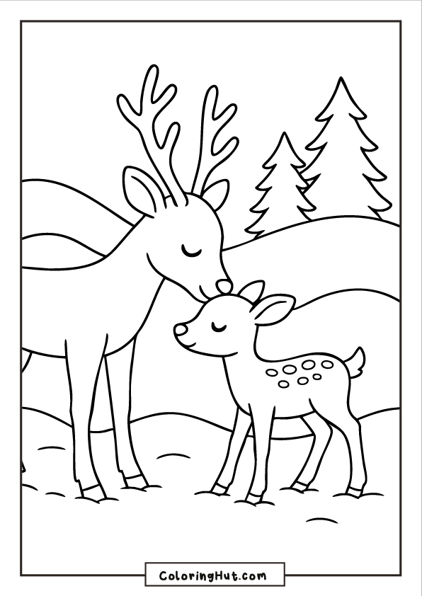Gentle parent reindeer touching noses with a baby reindeer in a snowy forest setting.