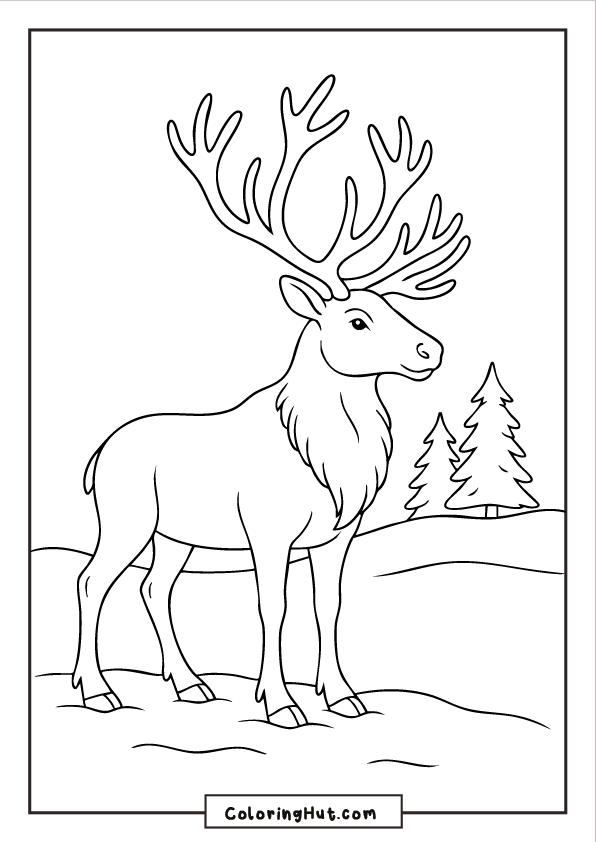 Realistic reindeer standing in a snowy winter landscape with tall antlers and pine trees in the background.