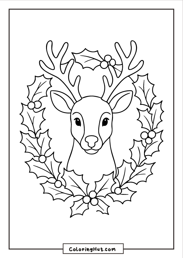 Reindeer face centered inside a detailed Christmas wreath decorated with holly leaves and berries.