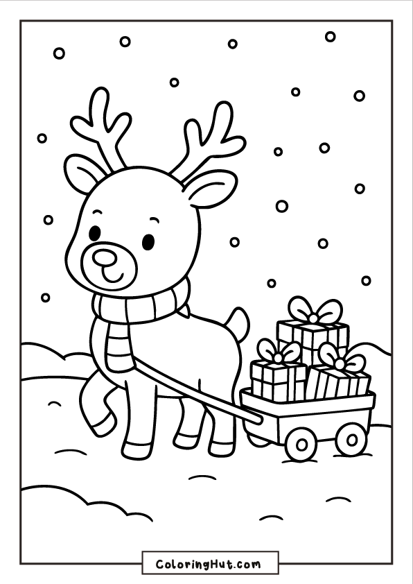 Cute reindeer walking through the snow while pulling a small wagon filled with wrapped Christmas gifts.