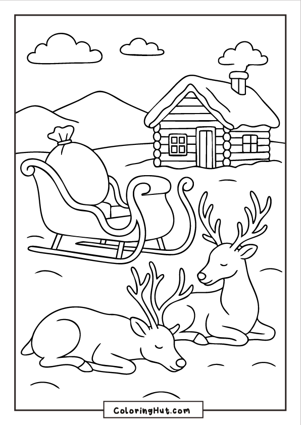 Two reindeer resting beside a sleigh and gift bag near a cozy log cabin in a snowy mountain landscape.