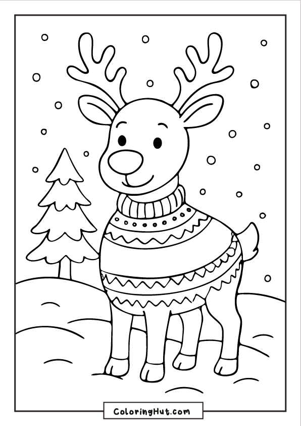 Reindeer standing in the snow wearing a patterned Christmas sweater with pine trees in the background.