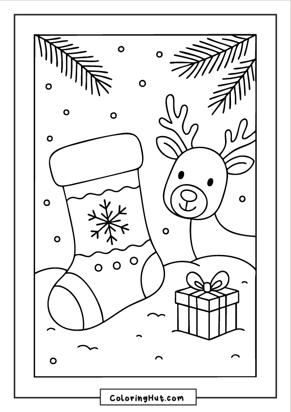 Reindeer in snowy setting beside a Christmas stocking and a gift box under pine branches.